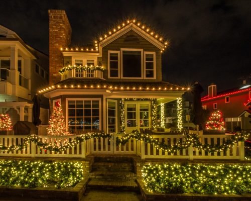 Bushes and garlands with Christmas lights in a minimal home decor setup