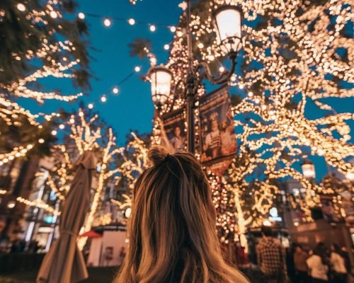 Densely decorated home with Christmas lights covering store, trees, and store front